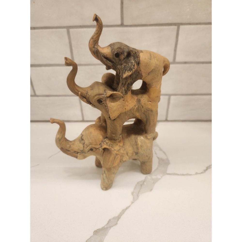 Vintage Crushed Oyster Stacked Trunks Up Stacking Set Of Elephants Figurine